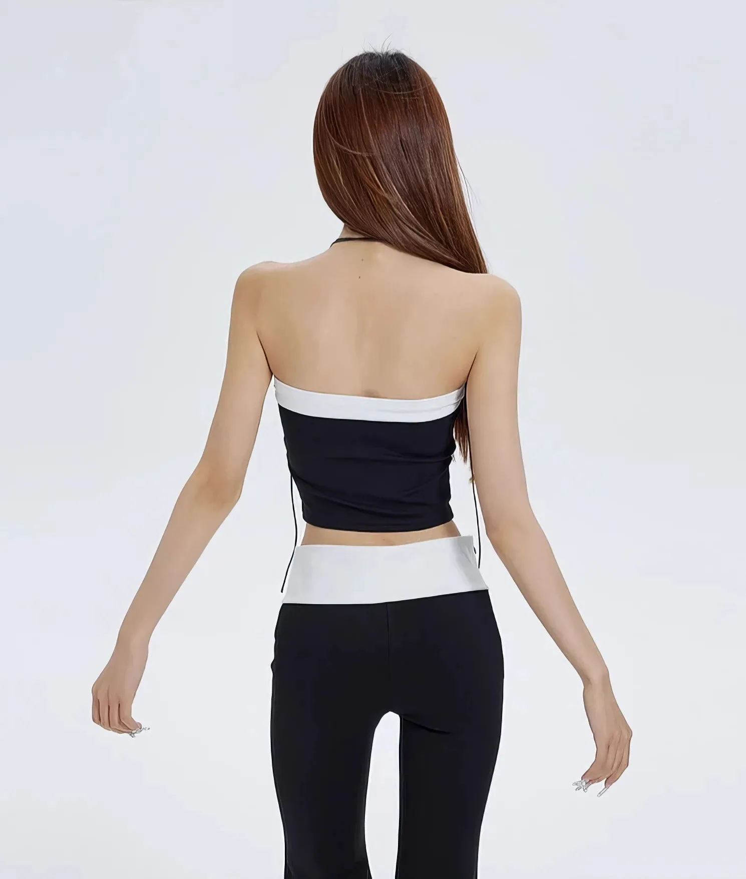 Sleeveless Crop Top and Color-Block Waistband Flare Pants Set