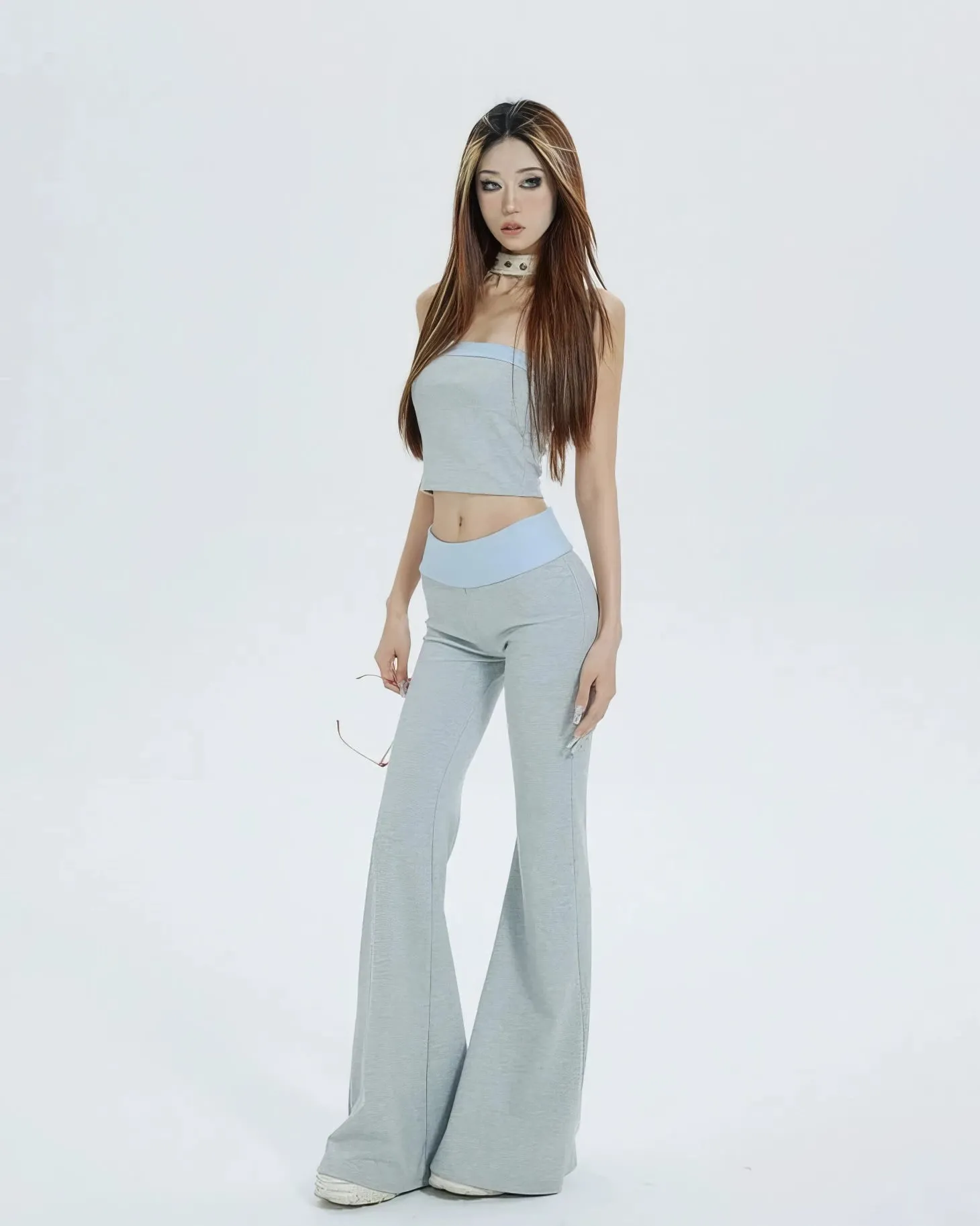 Sleeveless Crop Top and Color-Block Waistband Flare Pants Set