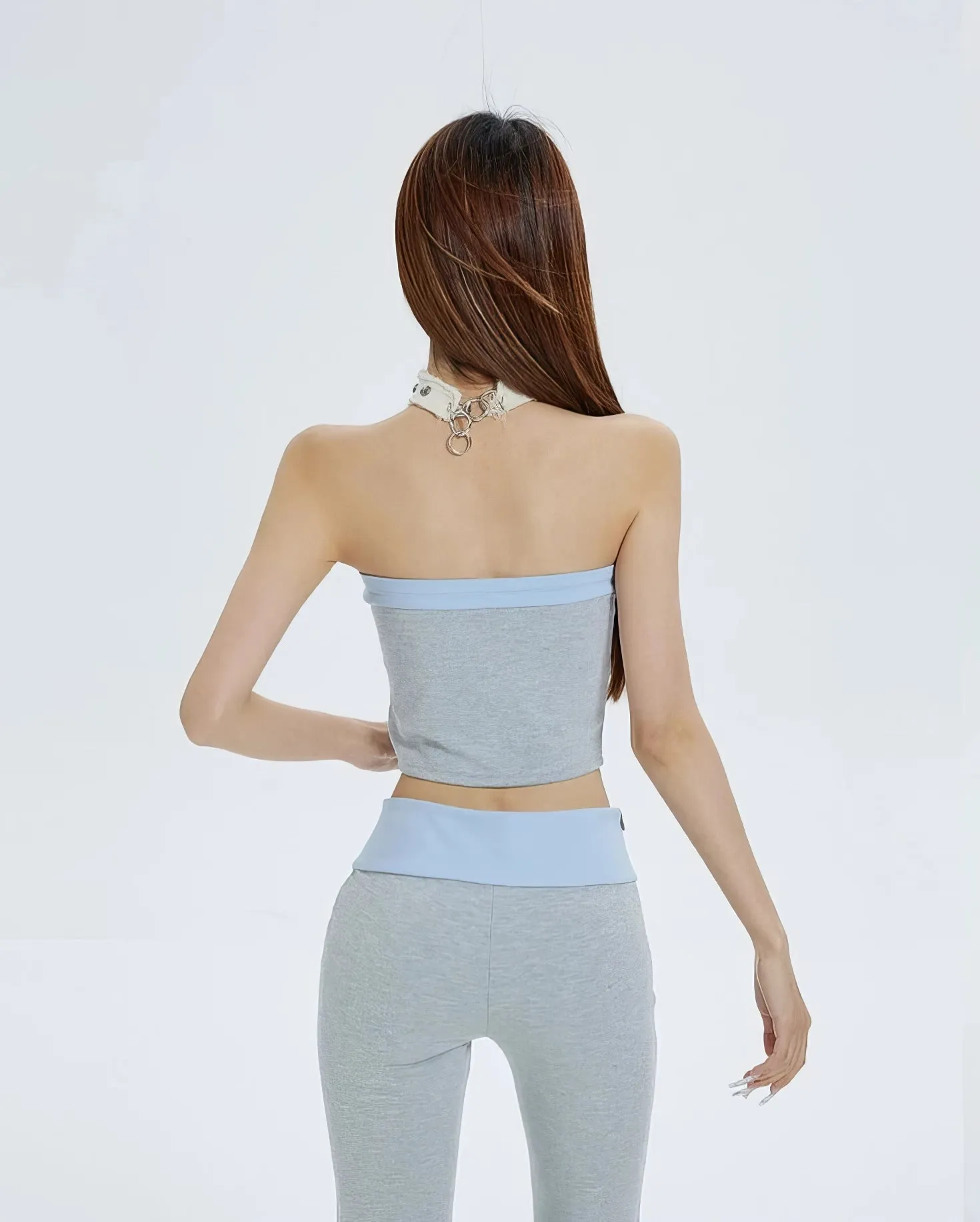 Sleeveless Crop Top and Color-Block Waistband Flare Pants Set