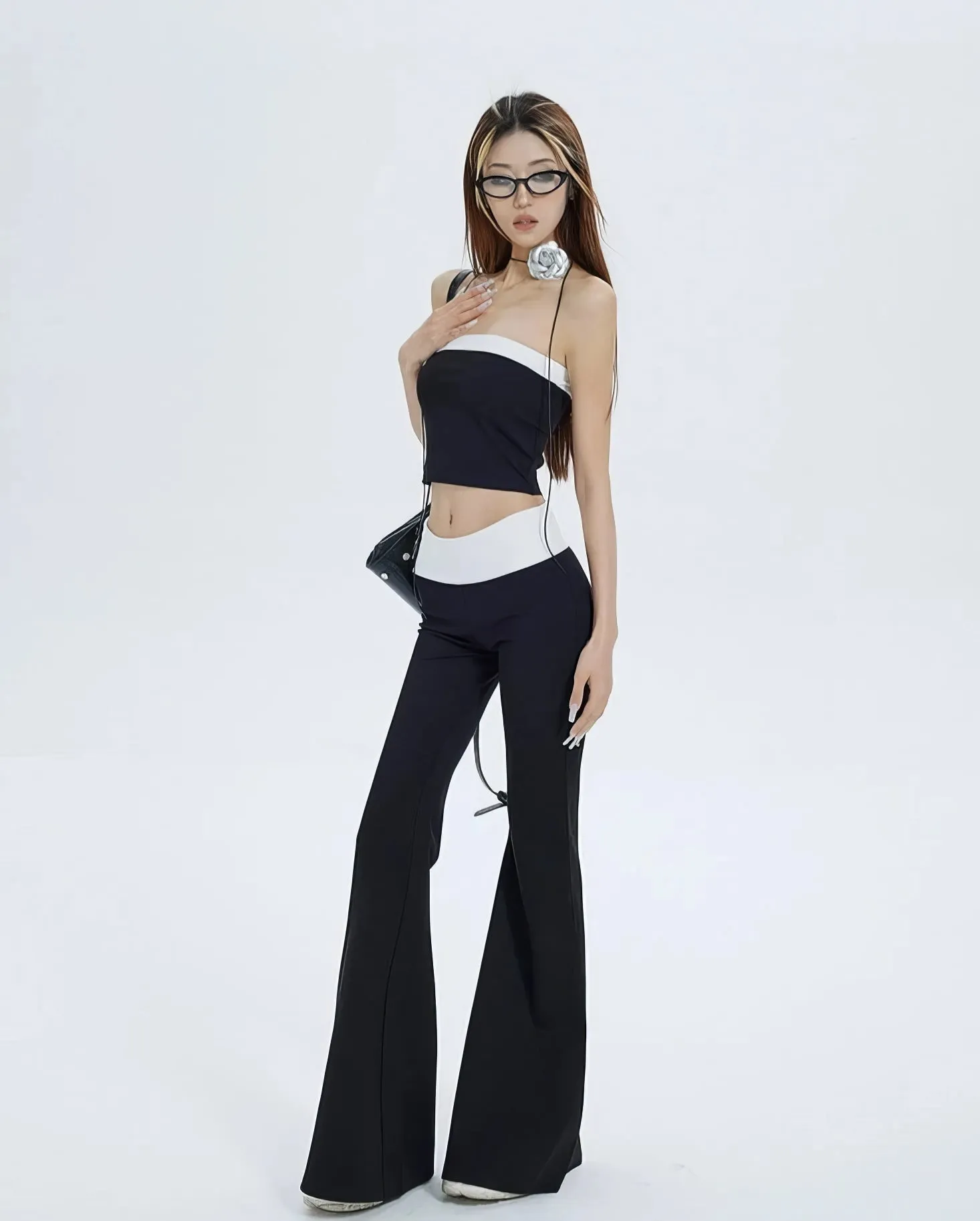Sleeveless Crop Top and Color-Block Waistband Flare Pants Set