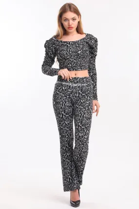 SNS Sense Black-Ecru Spanish Flare Jacquard Fabric Pants - Horad Barysaw