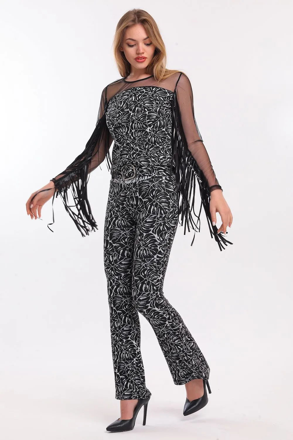 SNS Sense Black-Ecru Spanish Flare Jacquard Fabric Pants - Horad Barysaw