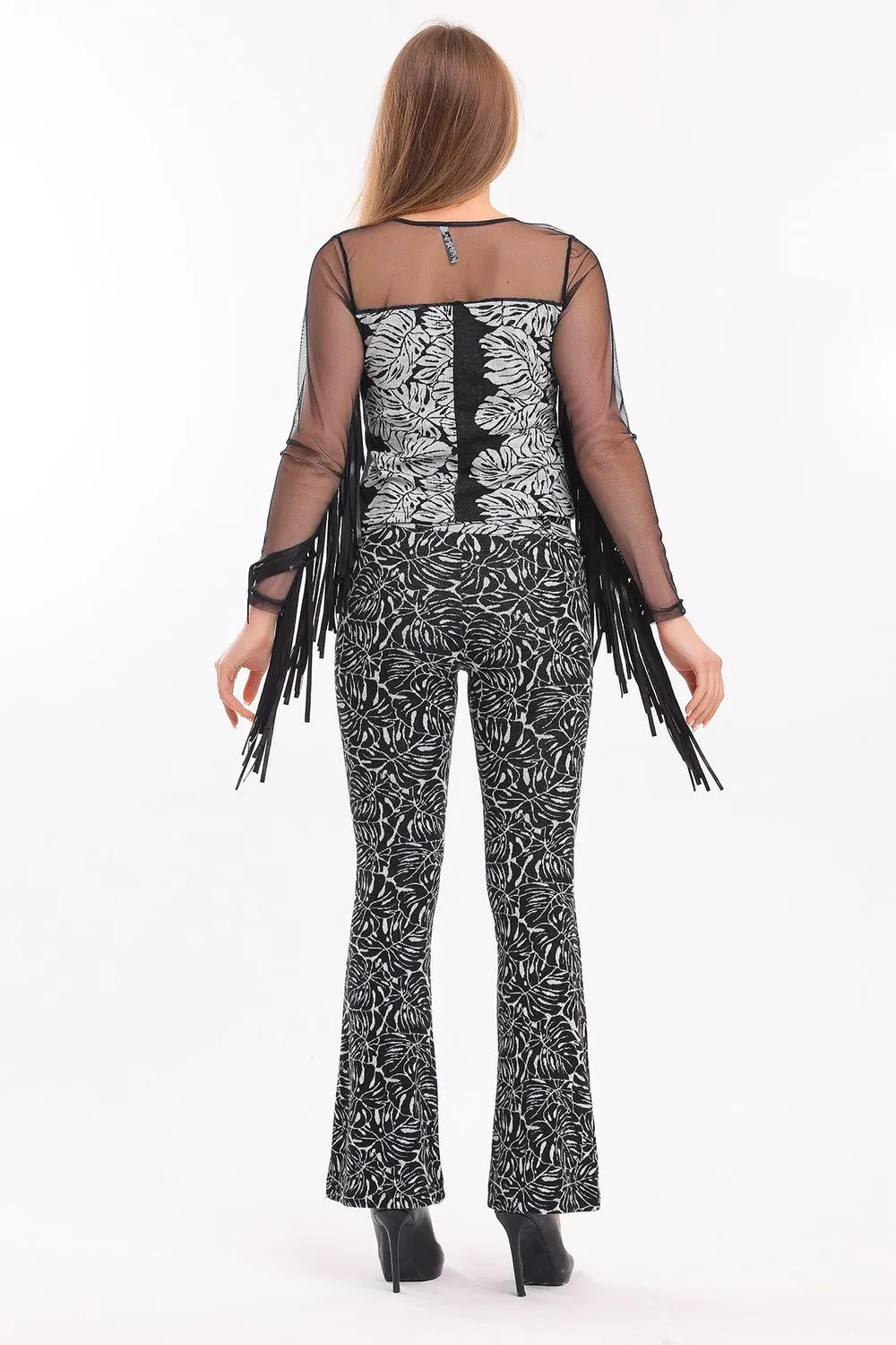 SNS Sense Black-Ecru Spanish Flare Jacquard Fabric Pants - Horad Barysaw
