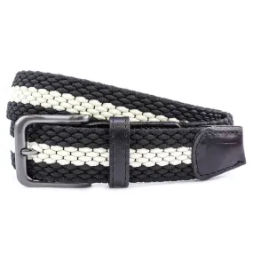 Striped Webbing Belt Gunmetal Buckle, Black/Ecru S