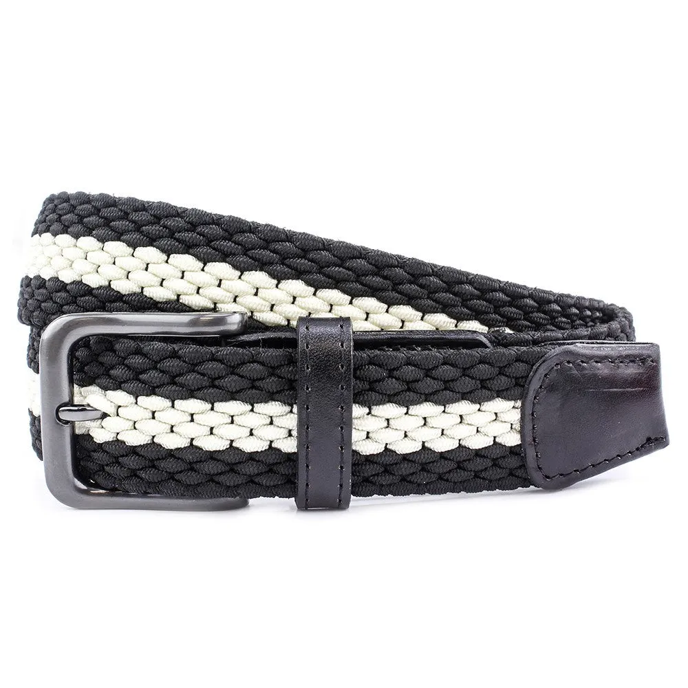 Striped Webbing Belt Gunmetal Buckle, Black/Ecru S