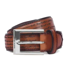 Tan Darker Scritto Laser Leather Silver Finish Buckle Belts By Brune & Bareskin
