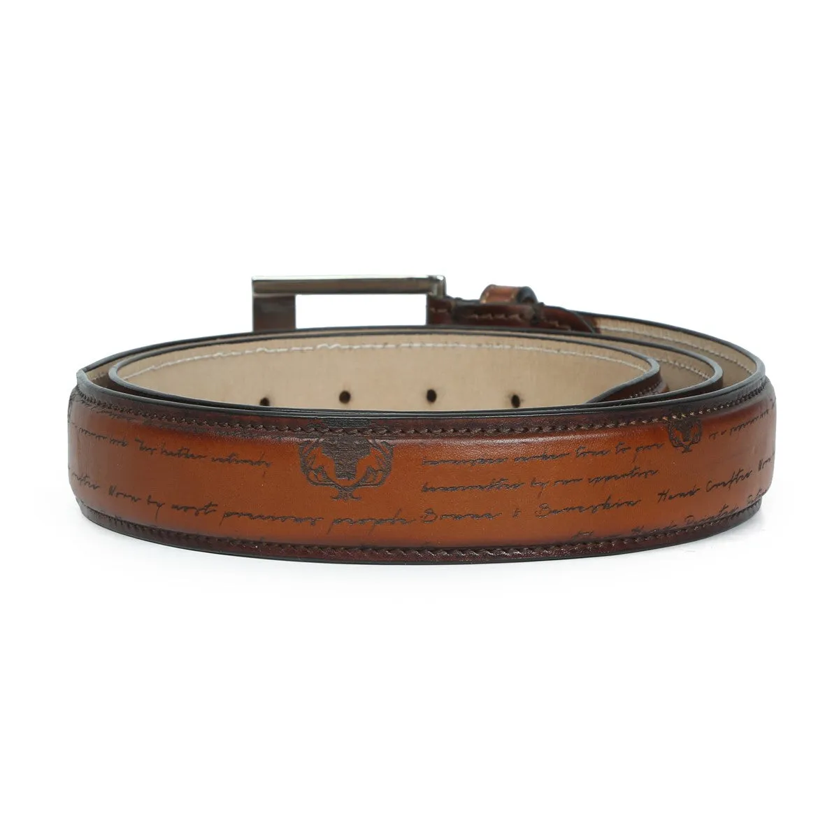 Tan Darker Scritto Laser Leather Silver Finish Buckle Belts By Brune & Bareskin