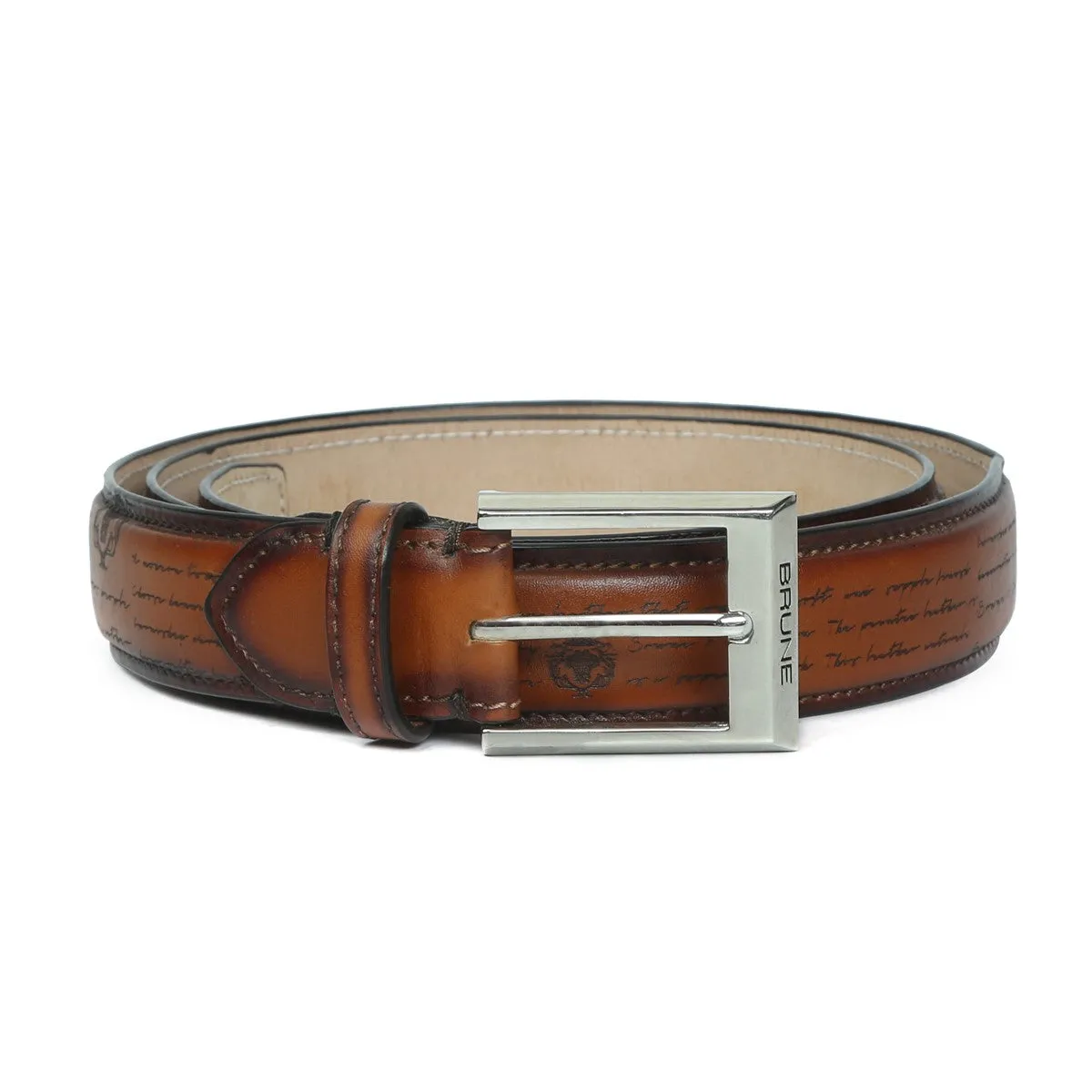 Tan Darker Scritto Laser Leather Silver Finish Buckle Belts By Brune & Bareskin