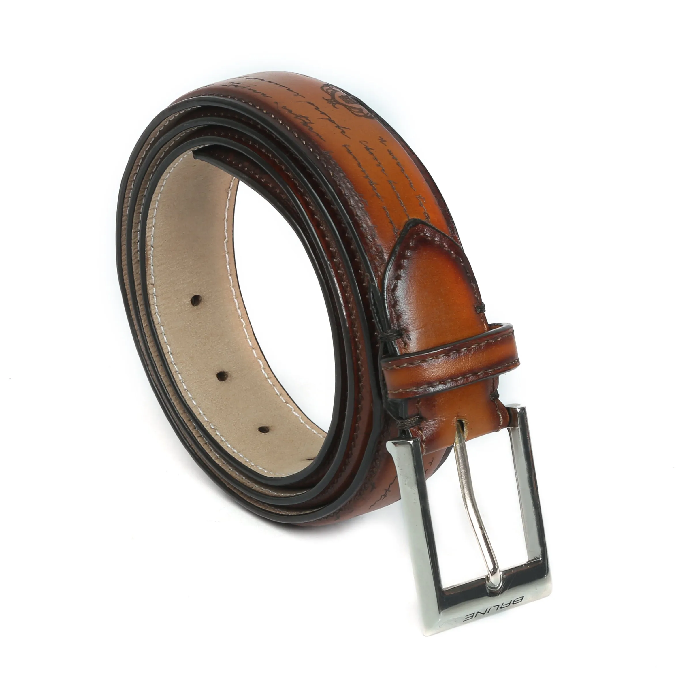 Tan Darker Scritto Laser Leather Silver Finish Buckle Belts By Brune & Bareskin