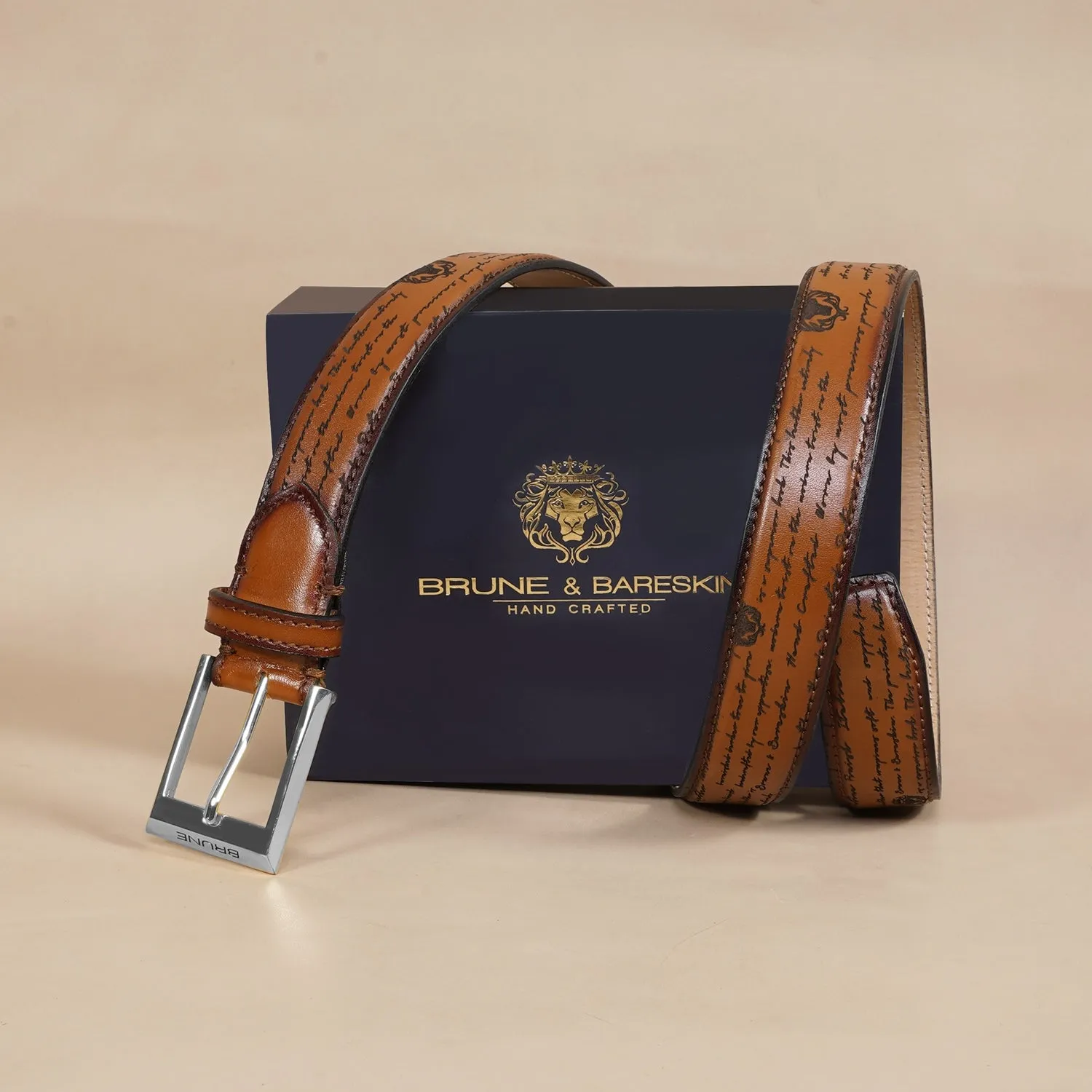 Tan Darker Scritto Laser Leather Silver Finish Buckle Belts By Brune & Bareskin