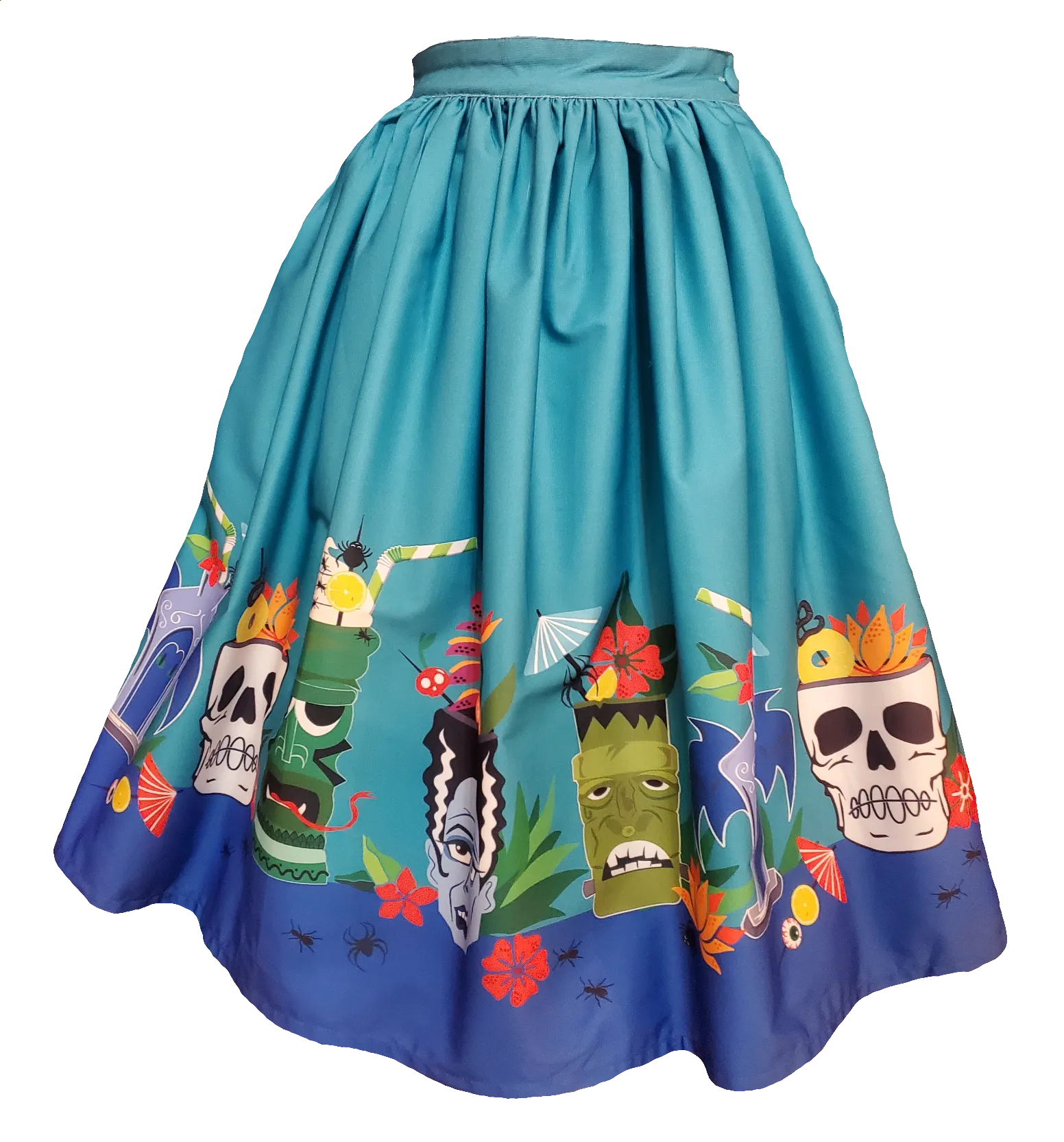 Teal Tiki Monsters Gellar Swing Skirt