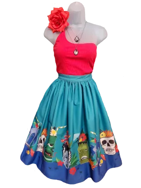 Teal Tiki Monsters Gellar Swing Skirt