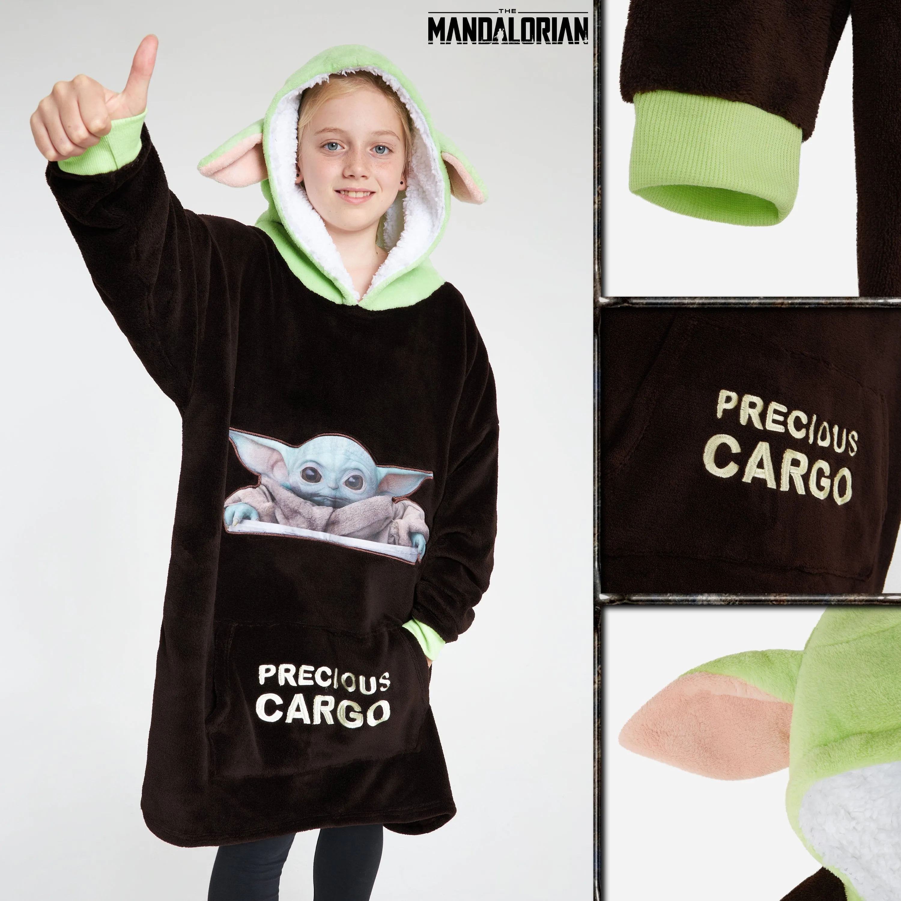 The Mandalorian Boys Oversized Blanket Hoodie, Baby Yoda Fleece Wearable Blanket