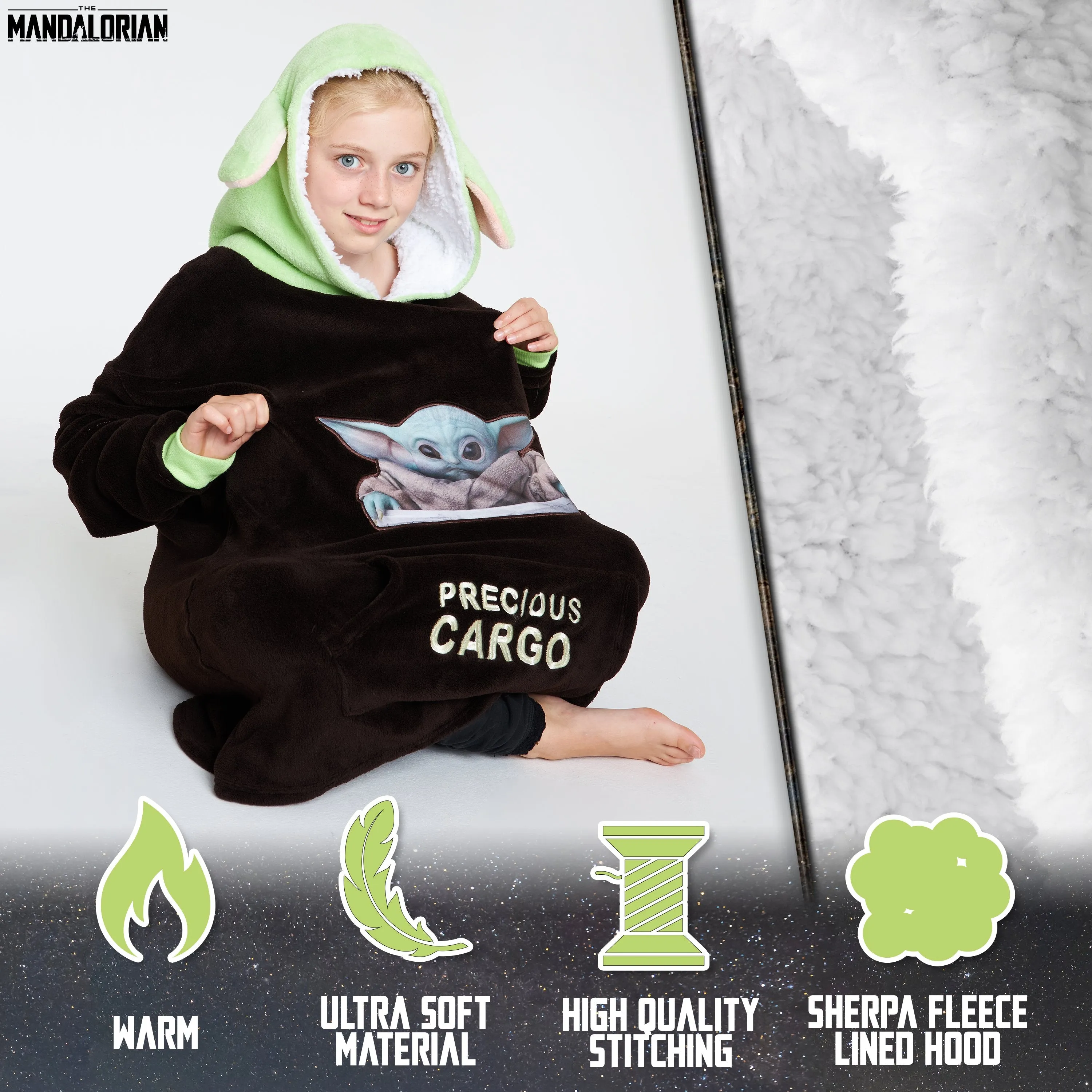 The Mandalorian Boys Oversized Blanket Hoodie, Baby Yoda Fleece Wearable Blanket