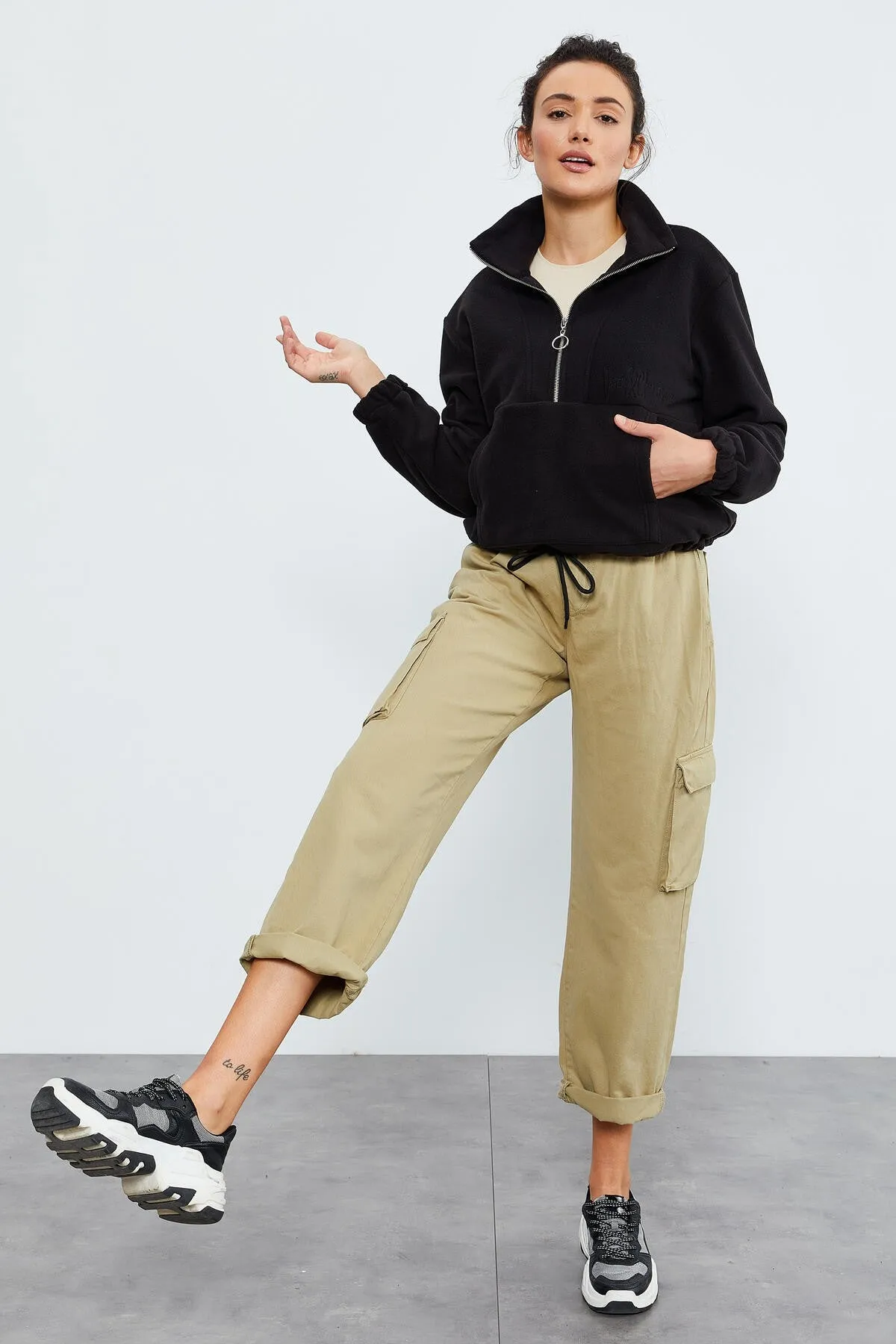 TMY Black Half Zip Skirt Hem Ruched Women's Polar Oversize Sweatshirt - 97171 - Leominster