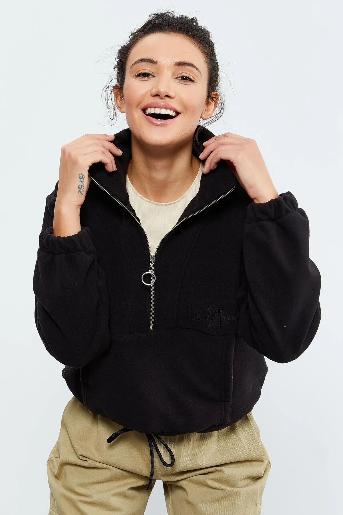 TMY Black Half Zip Skirt Hem Ruched Women's Polar Oversize Sweatshirt - 97171 - Leominster