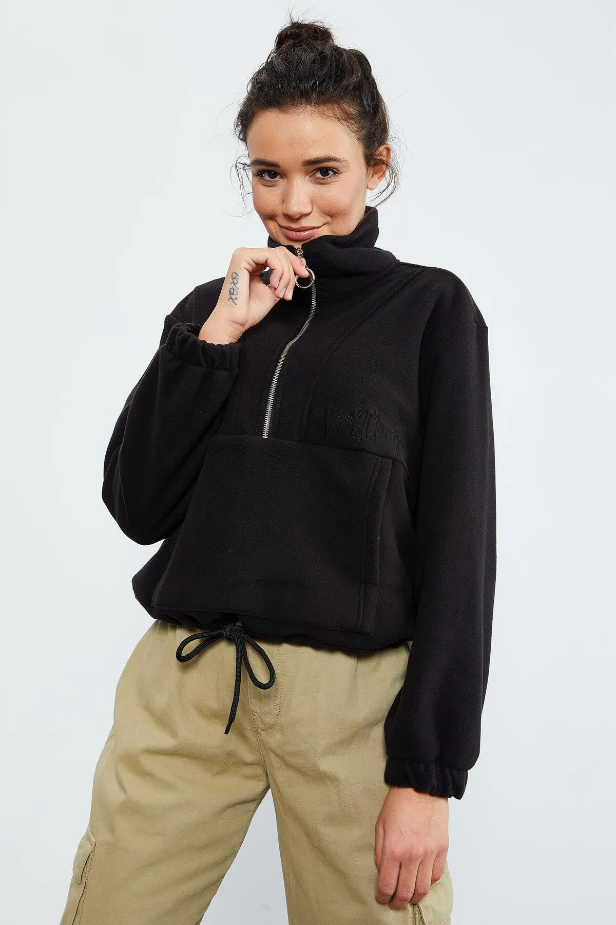 TMY Black Half Zip Skirt Hem Ruched Women's Polar Oversize Sweatshirt - 97171 - Leominster