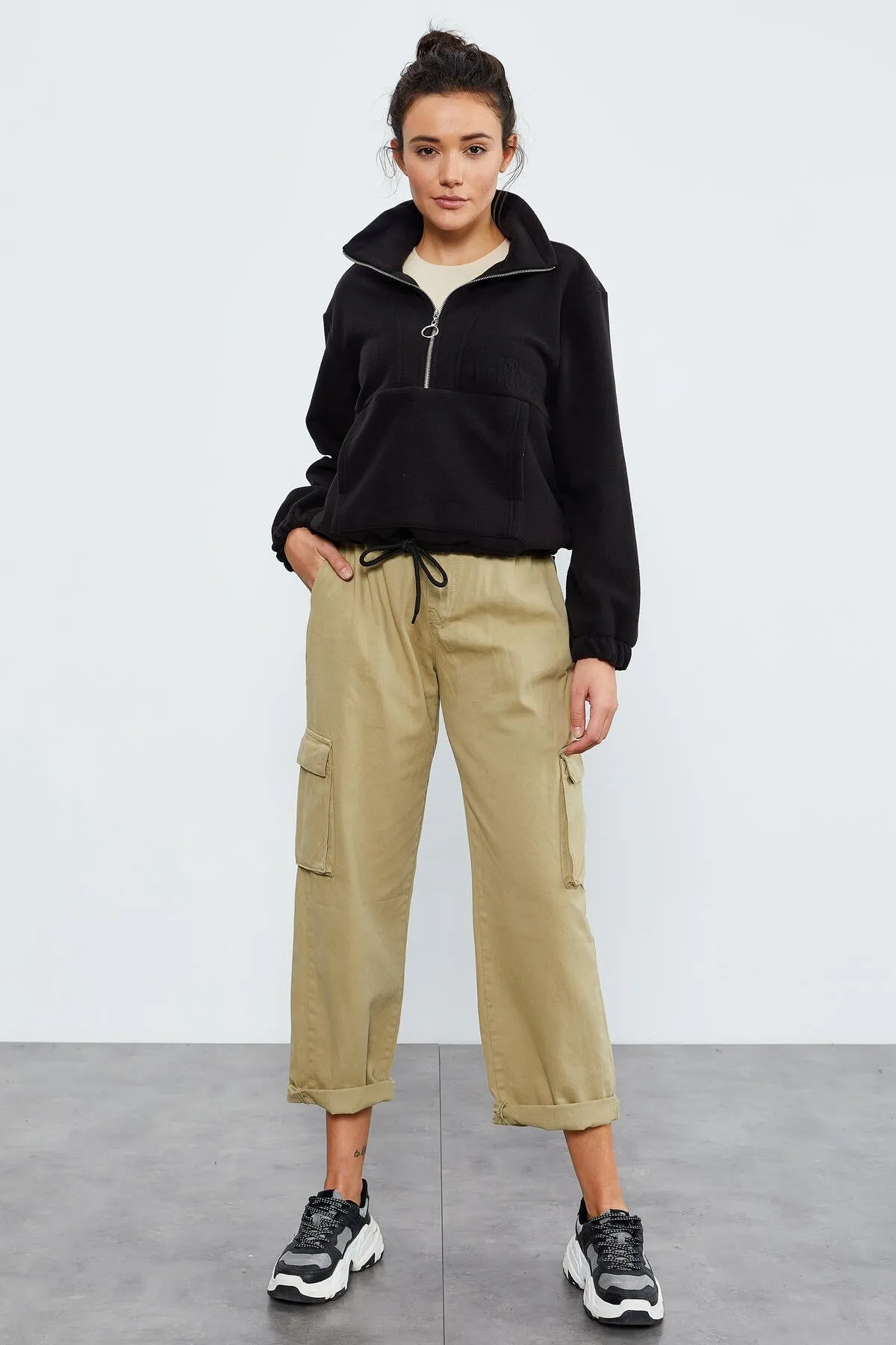 TMY Black Half Zip Skirt Hem Ruched Women's Polar Oversize Sweatshirt - 97171 - Leominster