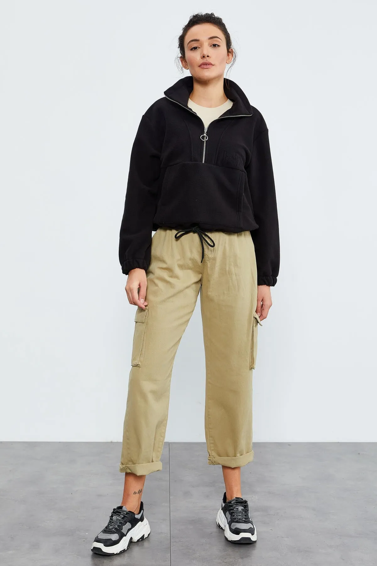 TMY Black Half Zip Skirt Hem Ruched Women's Polar Oversize Sweatshirt - 97171 - Leominster