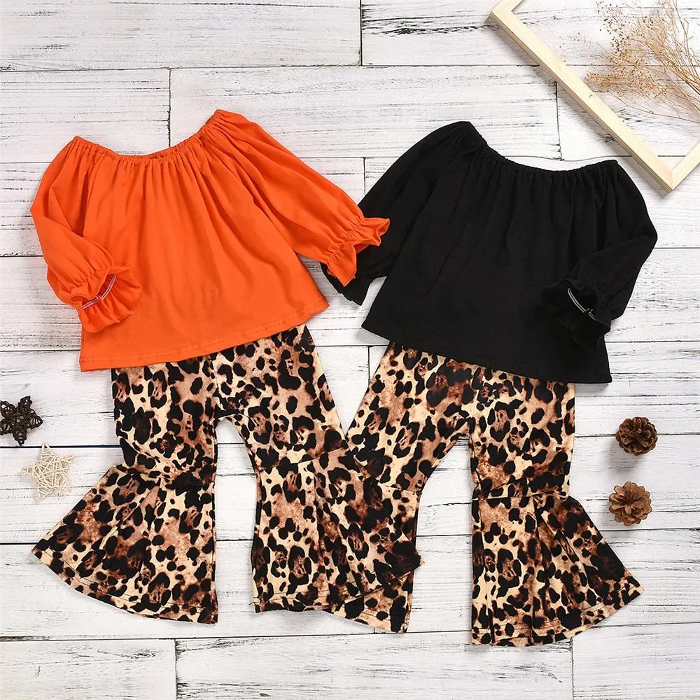 Toddler Girls Long Sleeve Solid Top & Leopard Pants Girls Boutique Wholesale