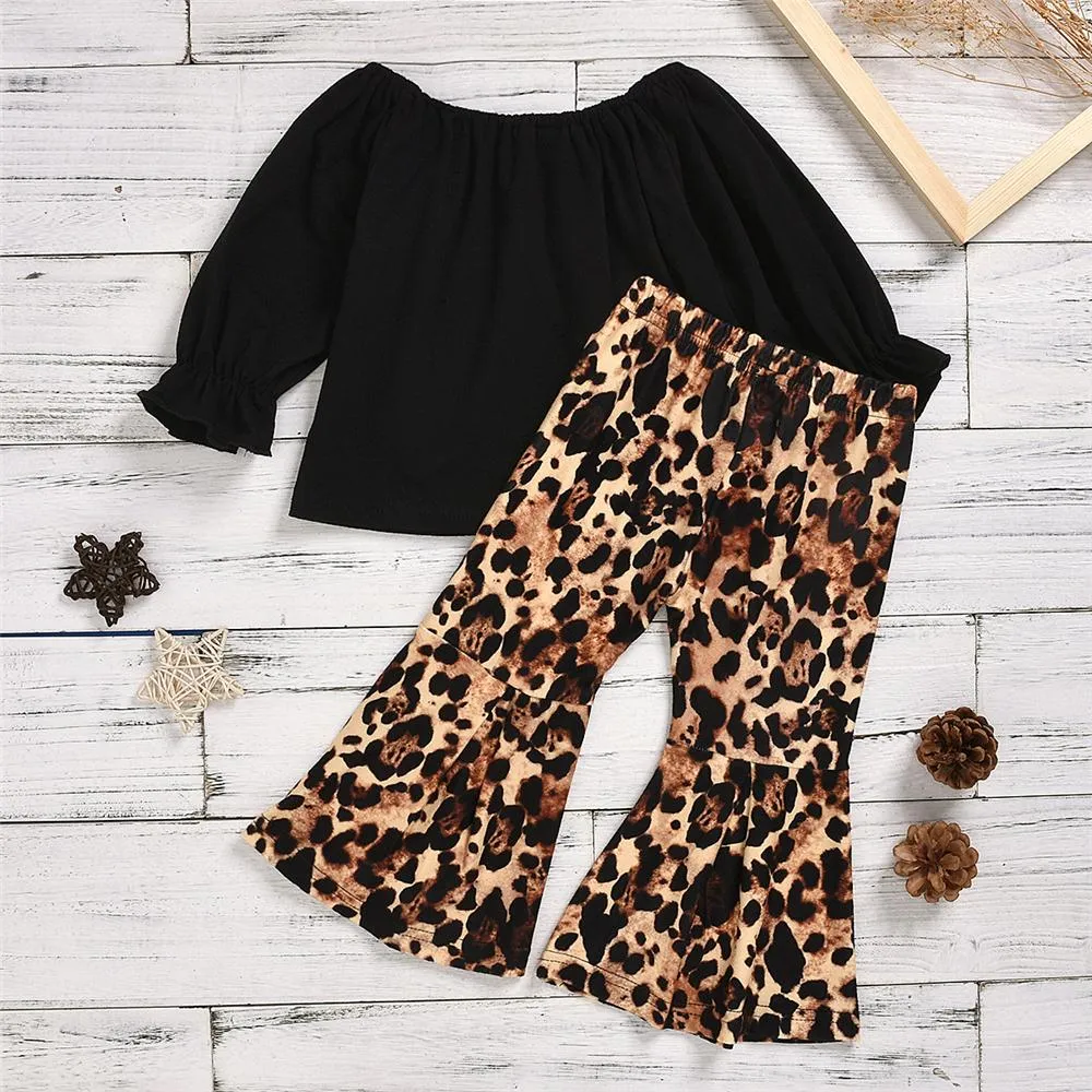 Toddler Girls Long Sleeve Solid Top & Leopard Pants Girls Boutique Wholesale