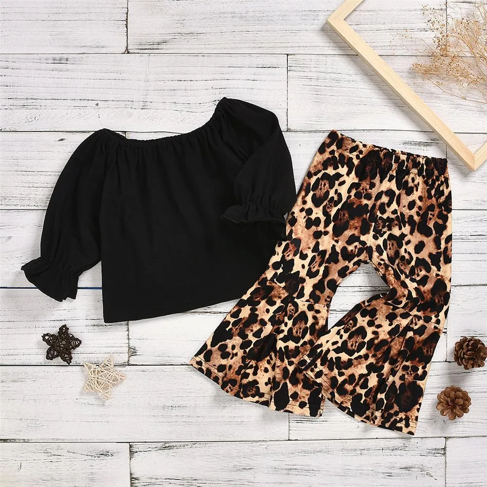 Toddler Girls Long Sleeve Solid Top & Leopard Pants Girls Boutique Wholesale