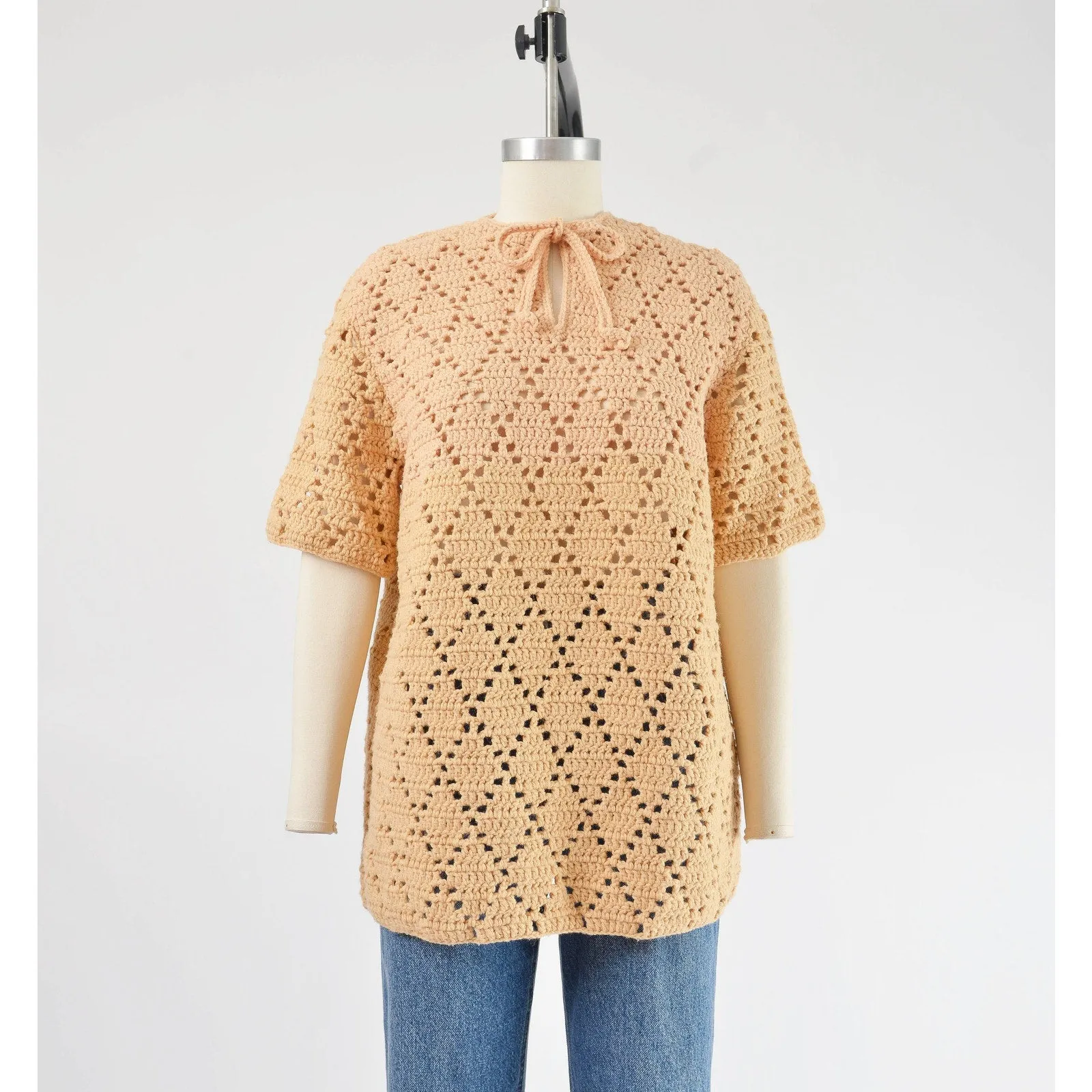 Vintage 70s Bisque Hand Knit Sheer Crochet Sweater Boho Hippie Top size M
