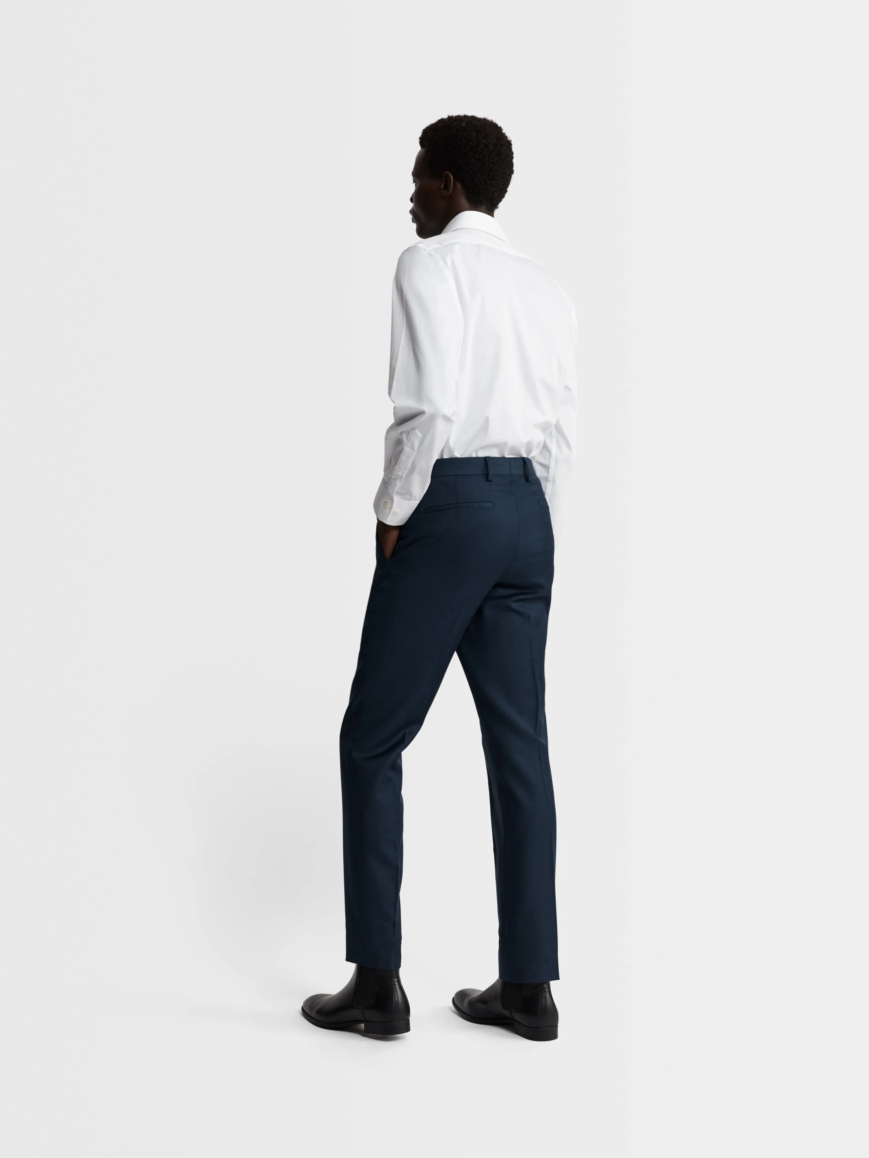 White Stretch Twill Fitted Single Cuff Classic Collar Shirt