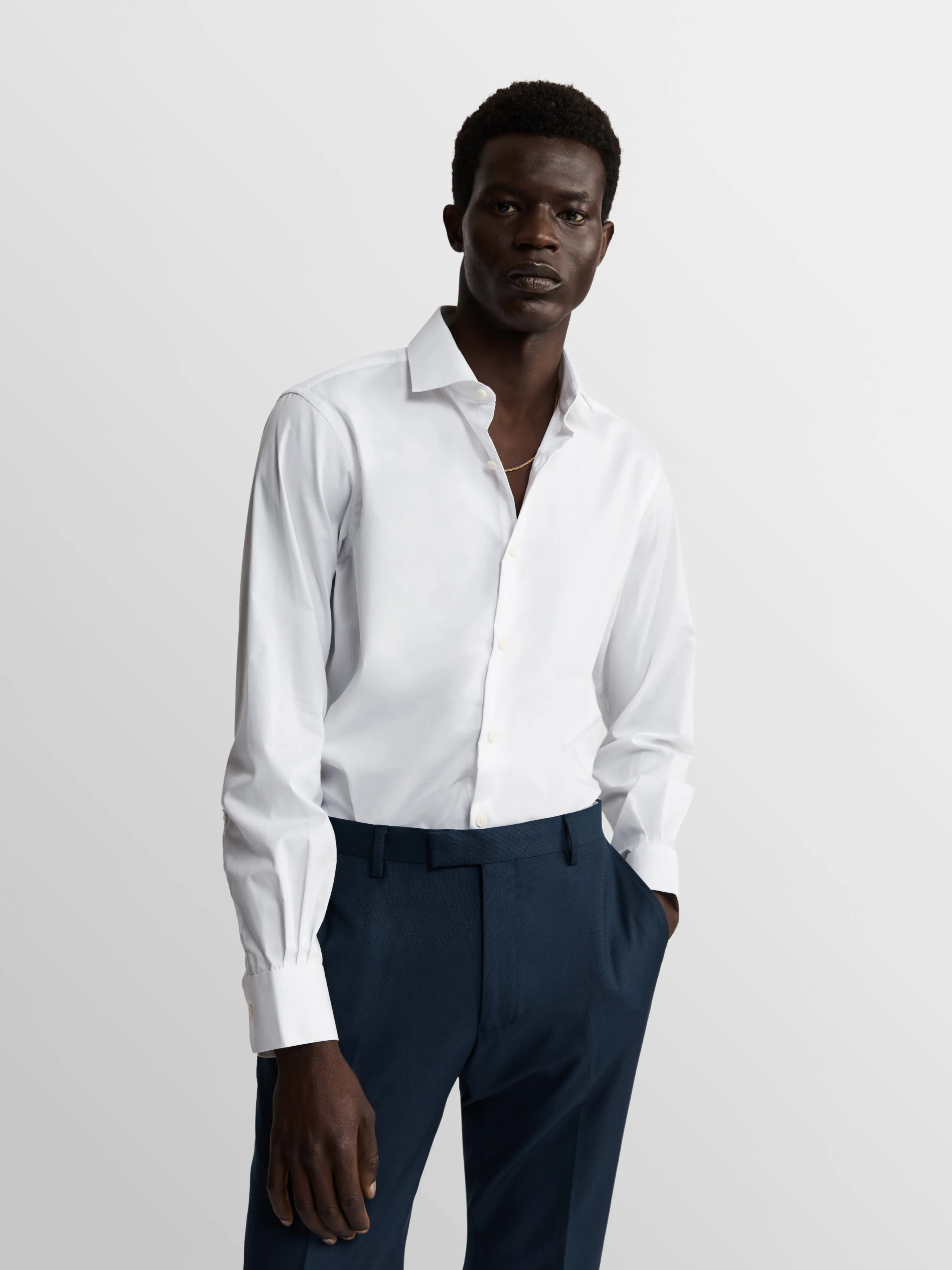 White Stretch Twill Fitted Single Cuff Classic Collar Shirt