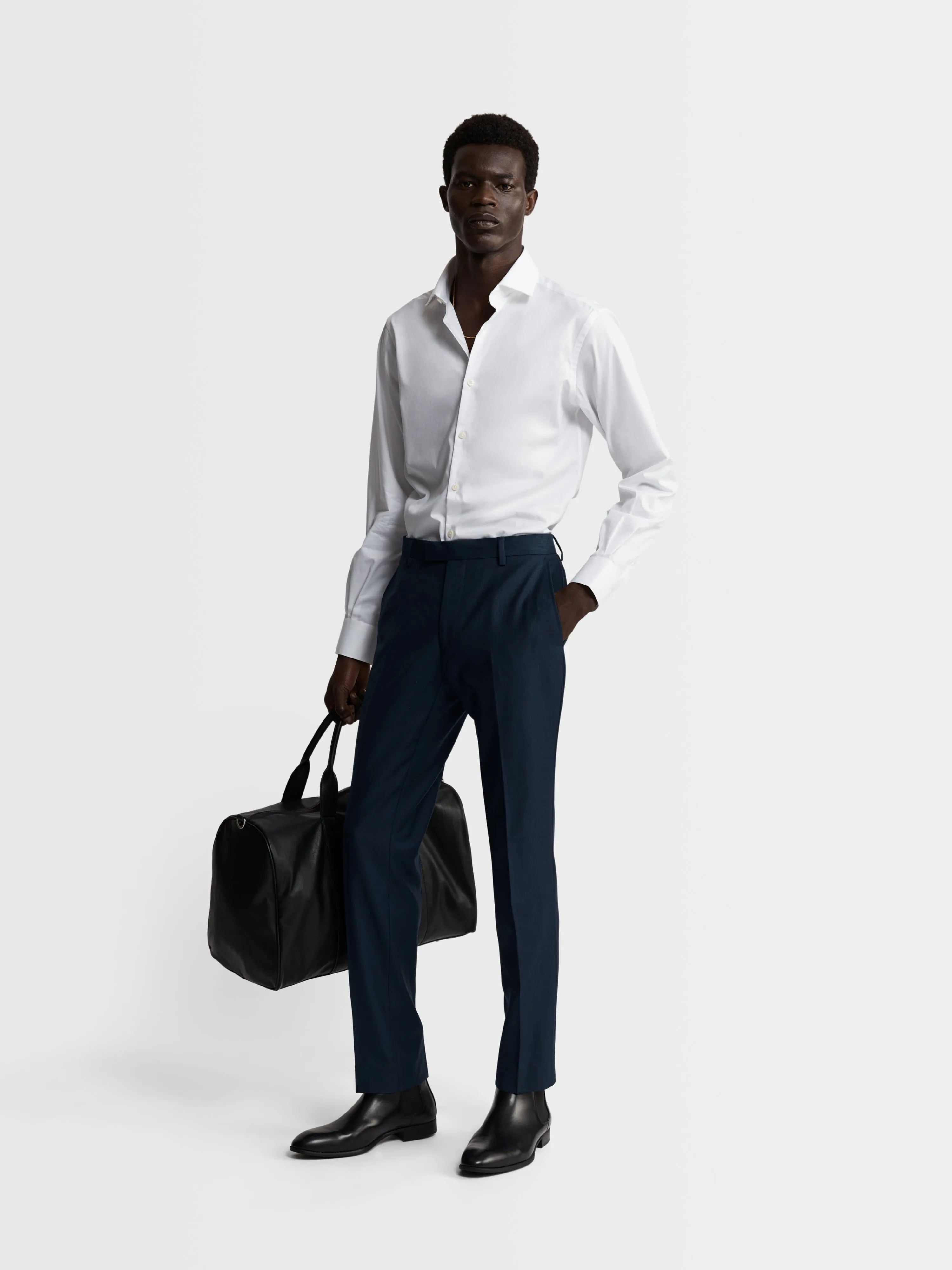 White Stretch Twill Fitted Single Cuff Classic Collar Shirt