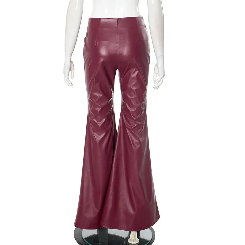 Women Faux Leather Stitching Tight Flared Pants