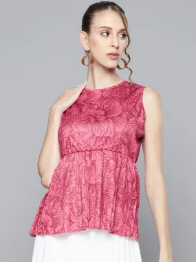 Women Fuchsia Floral Sleeveless Knit Peplum Top