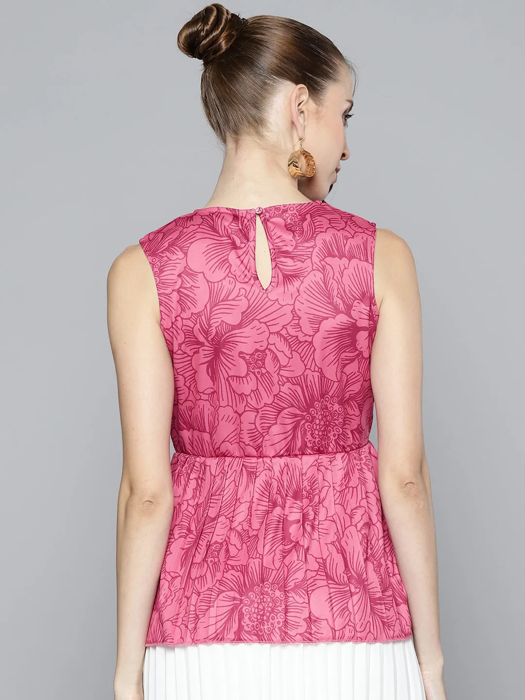 Women Fuchsia Floral Sleeveless Knit Peplum Top