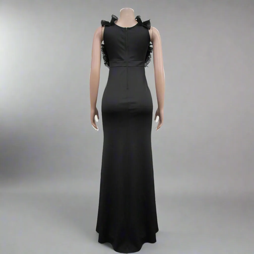 Women Ruffle Sleeveless Long Slit Formal Dress