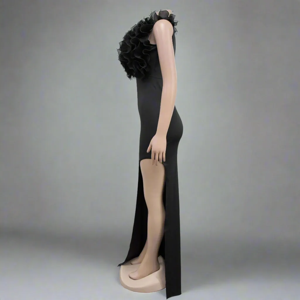 Women Ruffle Sleeveless Long Slit Formal Dress
