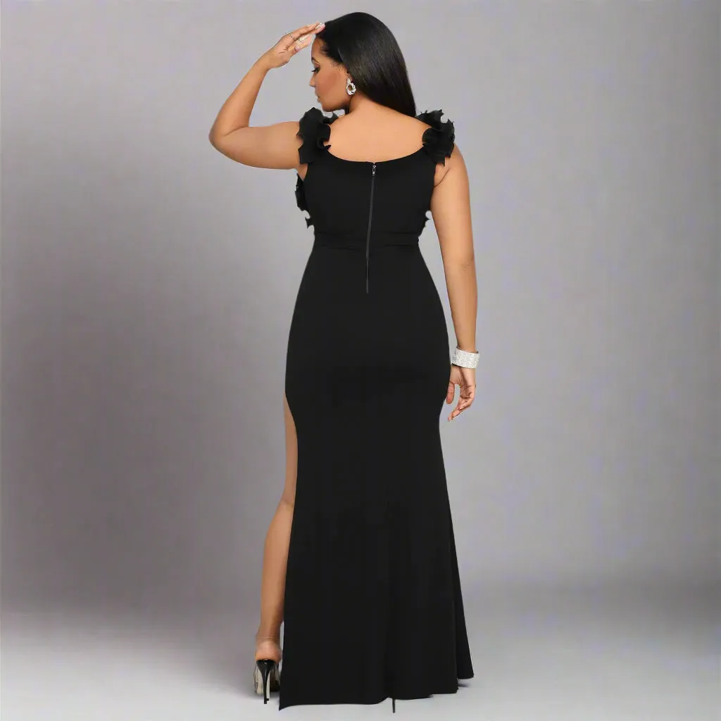 Women Ruffle Sleeveless Long Slit Formal Dress