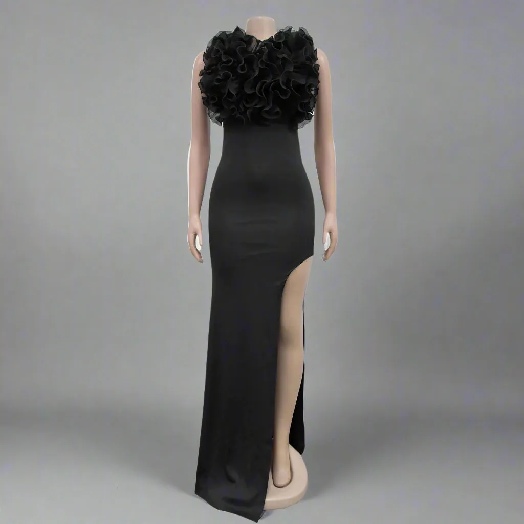 Women Ruffle Sleeveless Long Slit Formal Dress