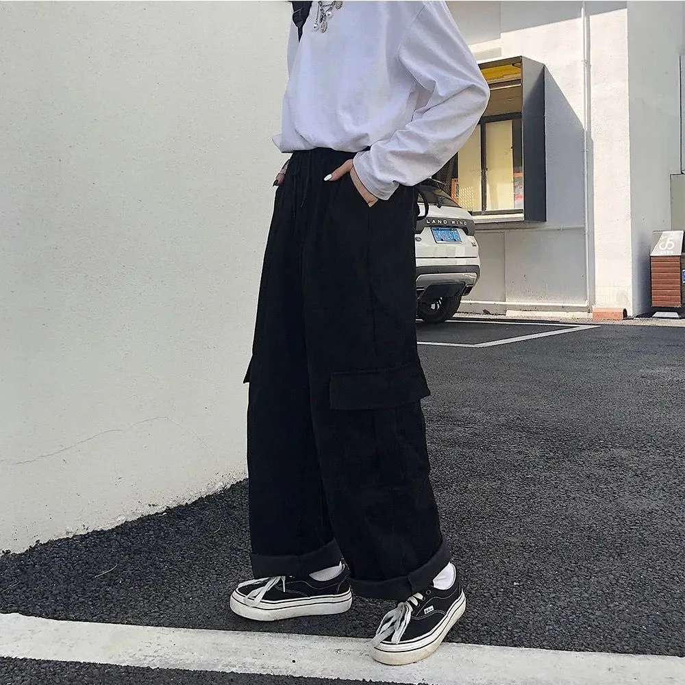 Women's Cargo Pants Corduroy Wide Leg Pocket Jogger Trousers