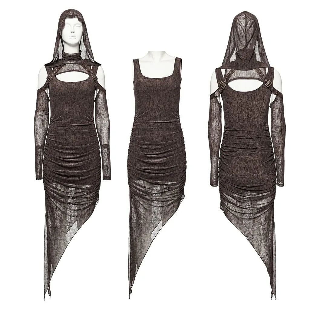 Women's Punk Irregular Ruched Coffee Party Dress with Hooded Cape