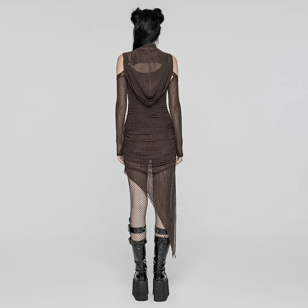 Women's Punk Irregular Ruched Coffee Party Dress with Hooded Cape