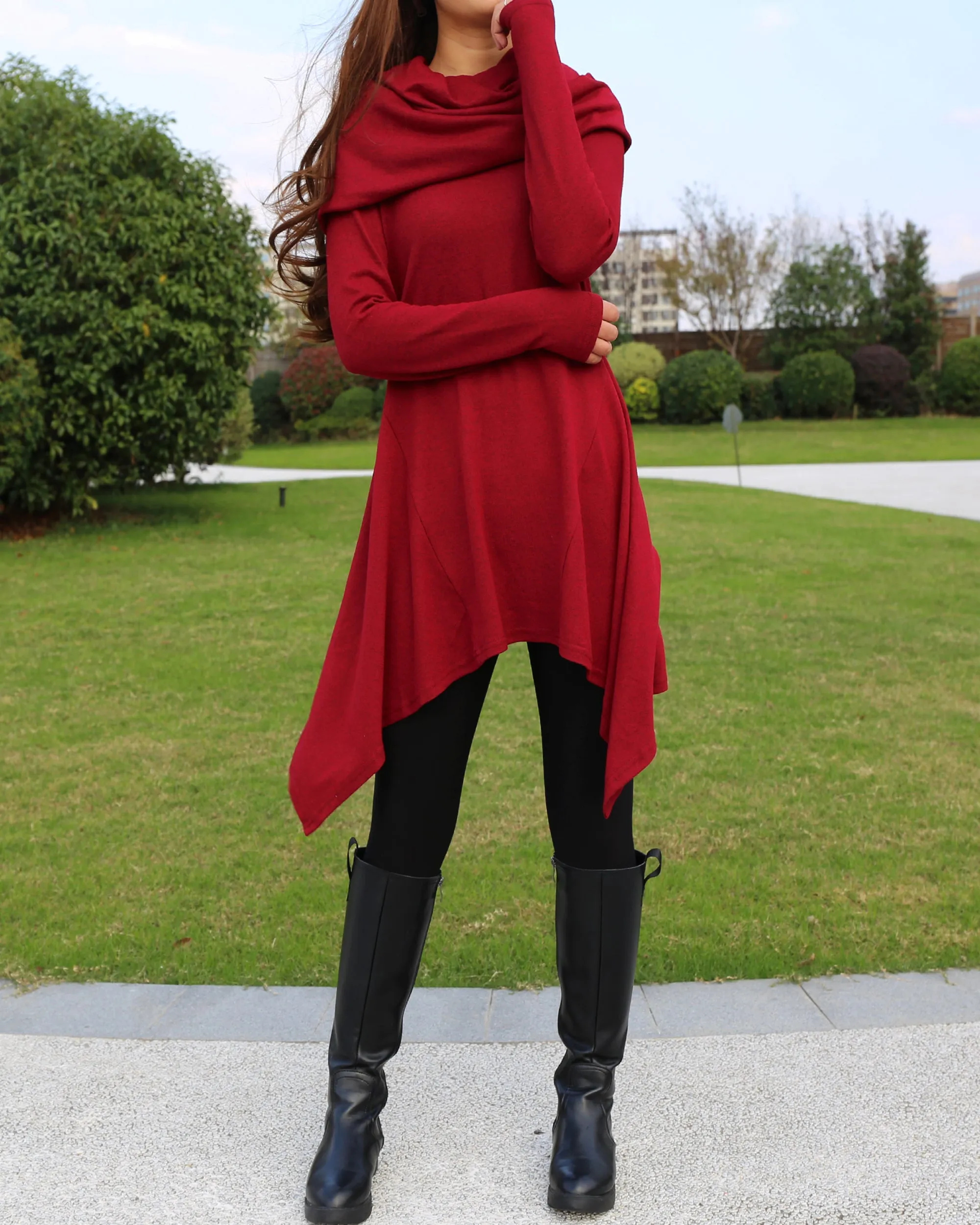 Women's shawl collar top/knit tunic dress/black red cotton dress/plus size sweater/oversized top/casual tunic top/maternity dress/asymmetrical shirt (Y1536)