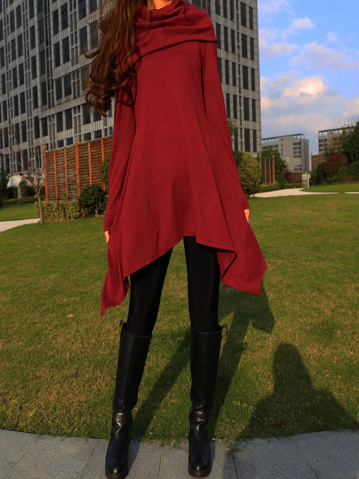 Women's shawl collar top/knit tunic dress/black red cotton dress/plus size sweater/oversized top/casual tunic top/maternity dress/asymmetrical shirt (Y1536)