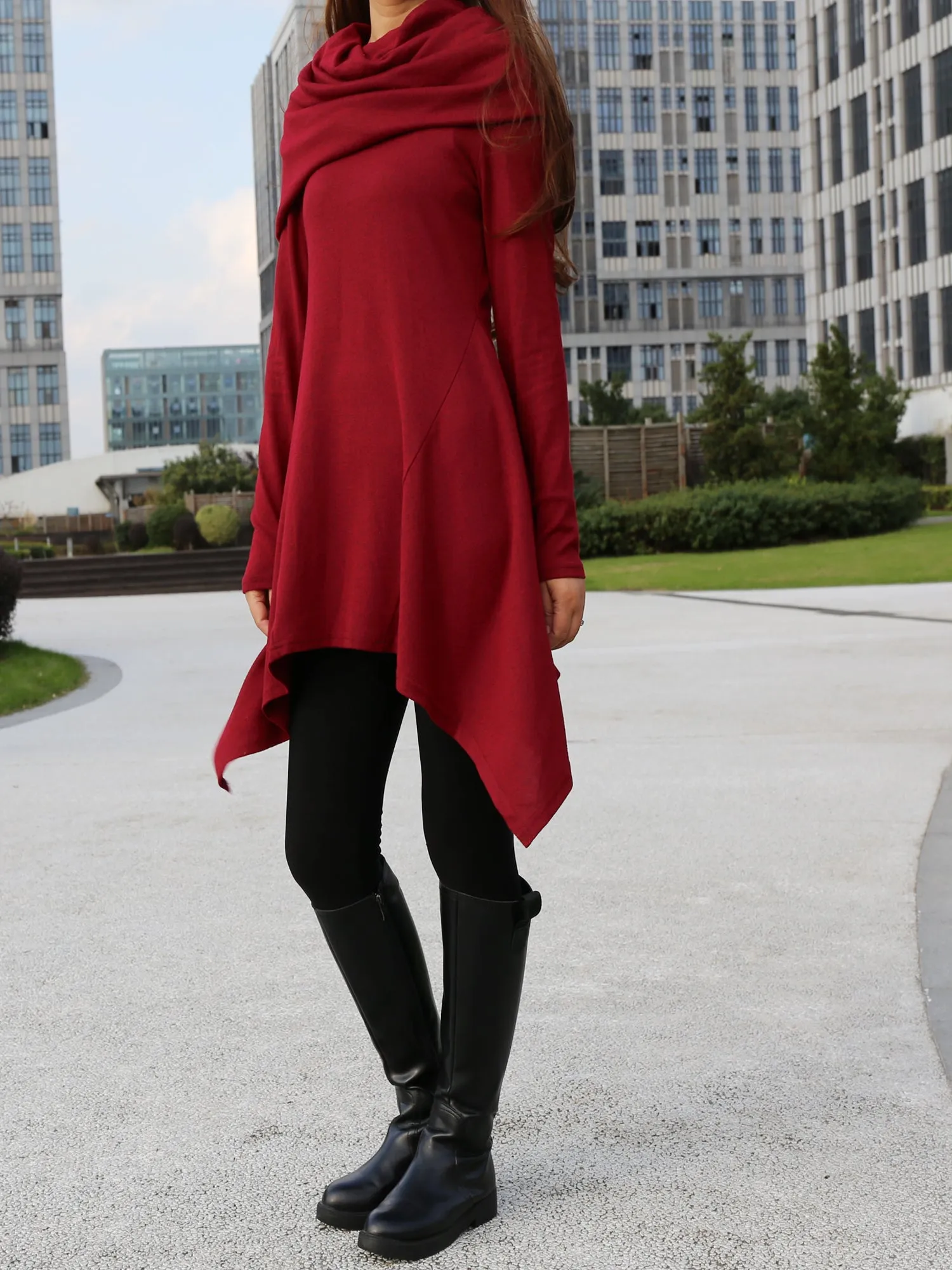 Women's shawl collar top/knit tunic dress/black red cotton dress/plus size sweater/oversized top/casual tunic top/maternity dress/asymmetrical shirt (Y1536)