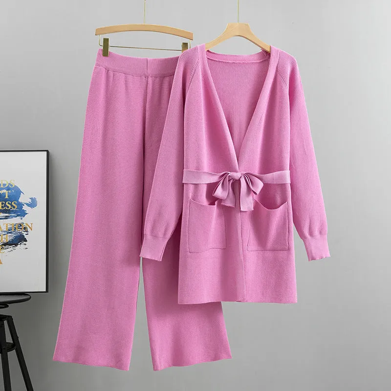 Women's Wide-Leg Pants Knitted Cardigan Two-Piece Set