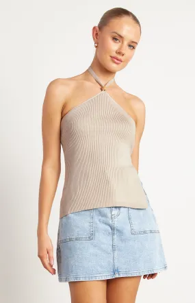 Wooden Bead Detail Halter Knit Top - Stone