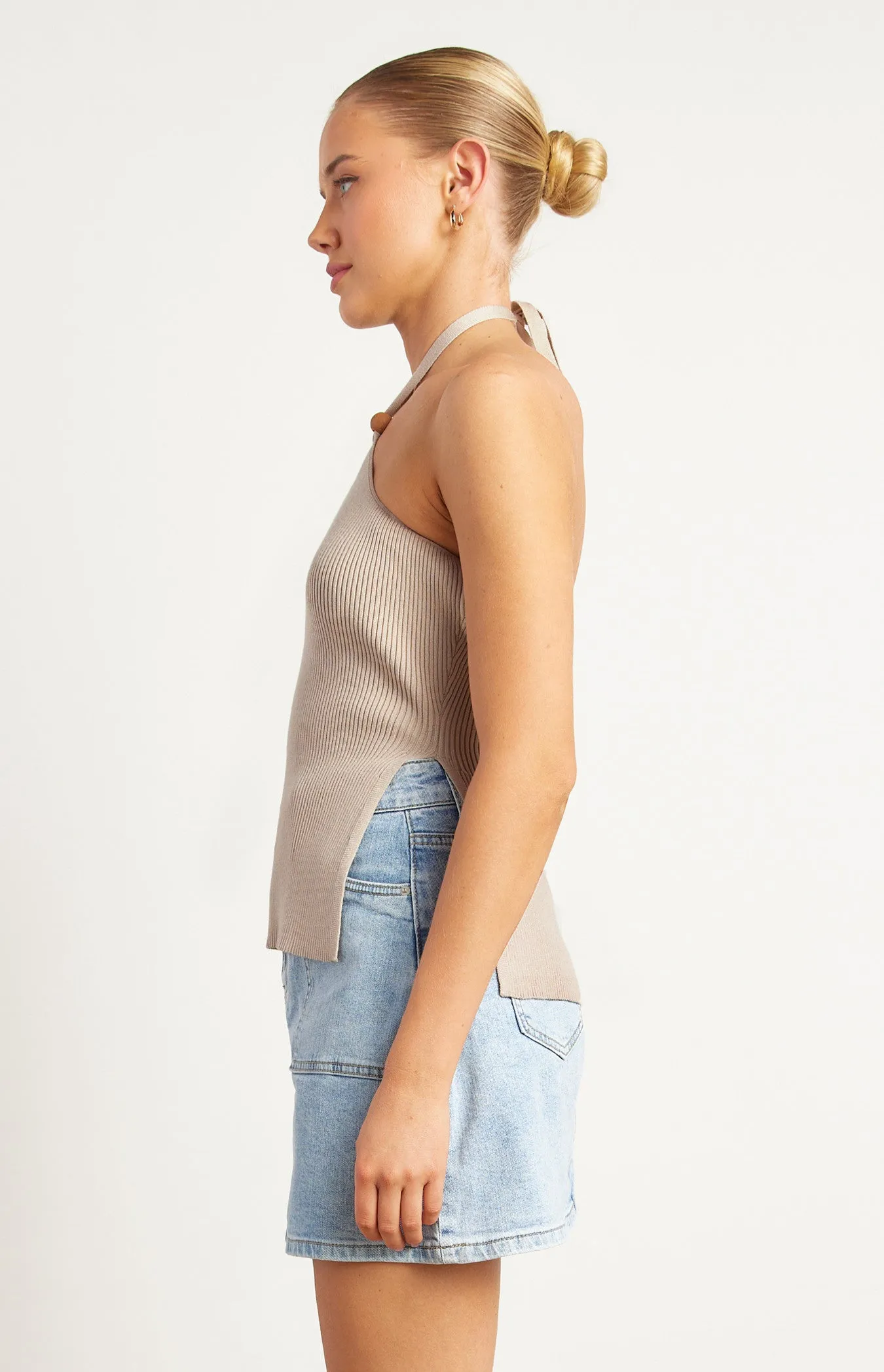 Wooden Bead Detail Halter Knit Top - Stone