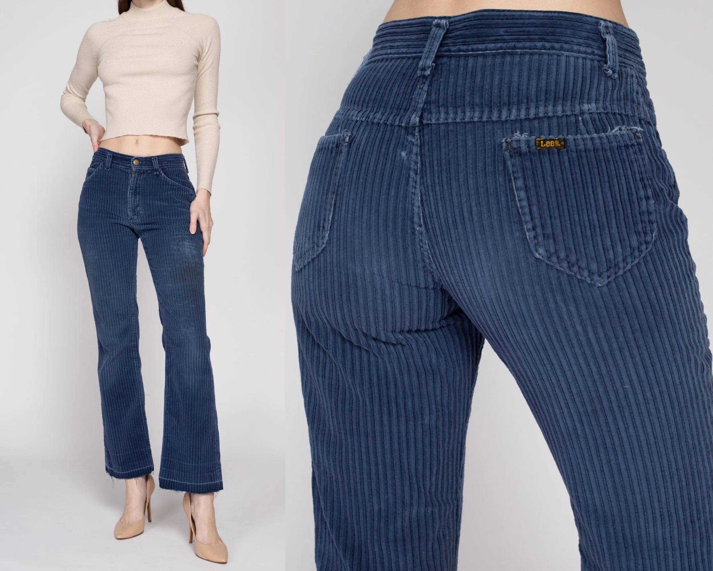 XS-Sm 70s Lee Navy Blue Corduroy Flared Pants 26"