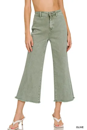 Zenana Kenzie Acid Washed Cropped Flare Pants/Jeans With Frayed Hem - Olive